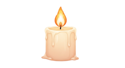 A lit candle with a melting wax dripping down the sides on transparent background