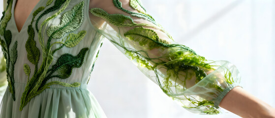Elegant dress with intricate green embroidery featuring floral patterns showcasing fashion and artistry
