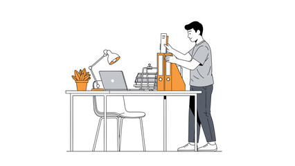 Fototapeta premium Illustration of a man organizing files at an office desk in a minimalist style