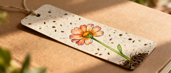 Eco-friendly seed paper tag with flower illustration symbolizing nature and sustainability
