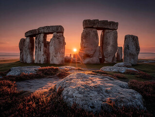 Stonehenge during a beautiful sunset, with the sun setting behind the Stonehenge, casting warm hues over the landscape and highlighting the ancient stone structures. 