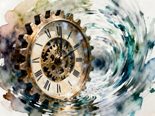 Artistic representation of a vintage clock surrounded by swirling watercolor patterns, symbolizing the passage of time
