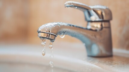 Faucet dripping water onto a sink. The water is falling in a steady stream, creating a calming and peaceful atmosphere