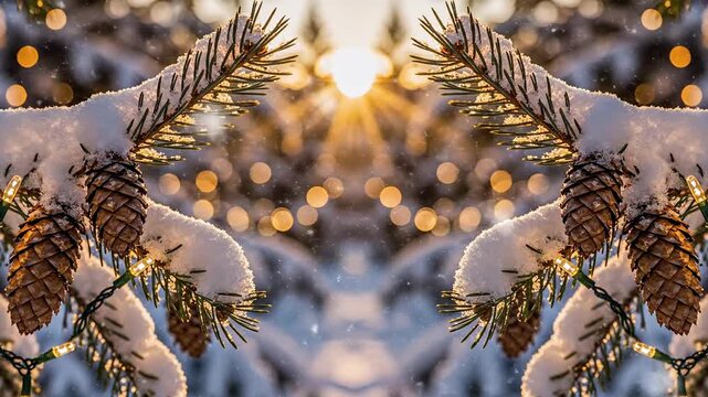 Snowy pine branches frame a bright sunburst, with warm bokeh lights in a frosty forest scene. Sunlit