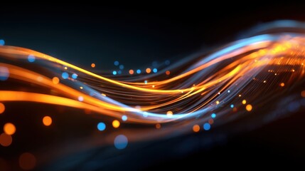 an abstract digital illustration of flowing data streams with glowing orange and blue lights against a dark background evoking a sense of technology and innova