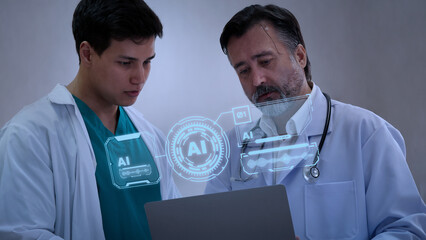 Using AI. Doctors collaborating and using futuristic AI holographic interfaces. They review digital health diagnostics analyze medical ai data. Discuss patient insights via ai healthcare technology.