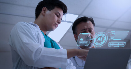 Using AI. Doctors collaborating and using futuristic AI holographic interfaces. They review digital health diagnostics analyze medical ai data. Discuss patient insights via ai healthcare technology.