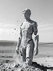 Monochrome sculpture of a fragmented figure emerging from the ground, symbolizing decay and transformation
