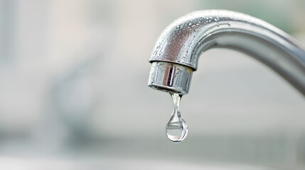 Faucet dripping water. The water is clear and the faucet is silver. Concept of calmness and tranquility