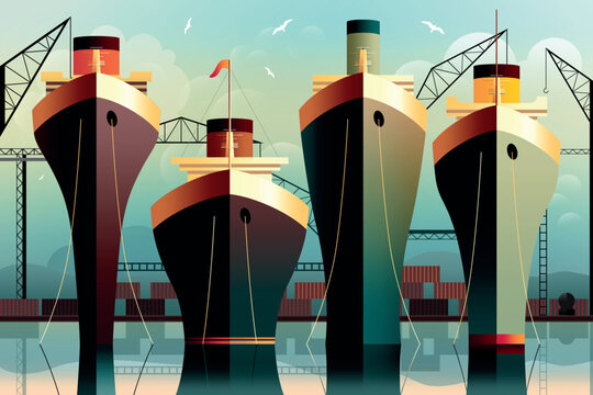 Loading and unloading cargo ships at a dock, with shipping containers and port cranes in the background. Handmade drawing vector illustration in Art Deco style.