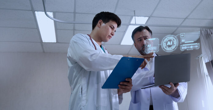 Using AI. Doctors collaborating and using futuristic AI holographic interfaces. They review digital health diagnostics analyze medical ai data. Discuss patient insights via ai healthcare technology.