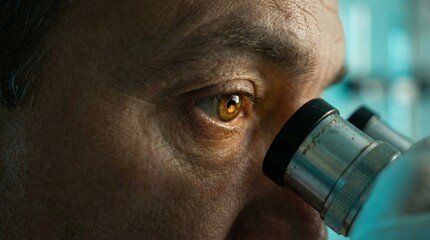 Extreme close up of mature male eye looking through scientific microscope
