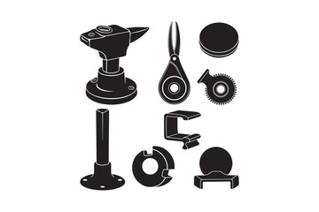 Collection of black and white mechanical components and hardware