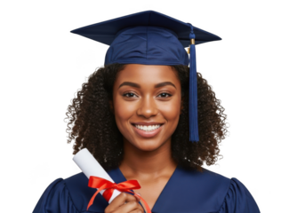 Joyful young african american woman wearing a graduation cap and gown holding a diploma with a red ribbon isolated on transparent background