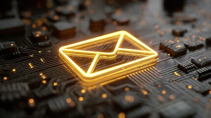 glowing email icon on a circuit board background symbolizing digital communication