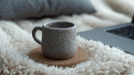 a textured coffee mug on a coaster resting on a fluffy blanket beside a laptop inviting scene for cozy work or relaxation