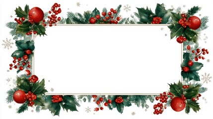 a festive frame of elves holly ornaments and snowflakes encloses a white rectangle perfect for holiday greetings