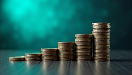 Perfectly stacked columns of golden coins arranged in an ascending graph, symbolizing financial growth, saving, investment, and increasing profit against a moody, deep teal background.