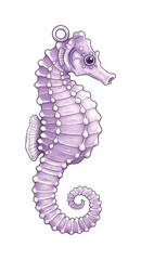 Fototapeta premium Whimsical purple seahorse illustration with a decorative charm features a beaded texture and a small ring at the top, perfect for marine-themed designs.