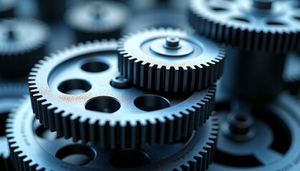 Detailed macro shot of overlapping metal gear wheels and cogs with a blue industrial filter, representing complex systems, engineering, teamwork, and internal processes.