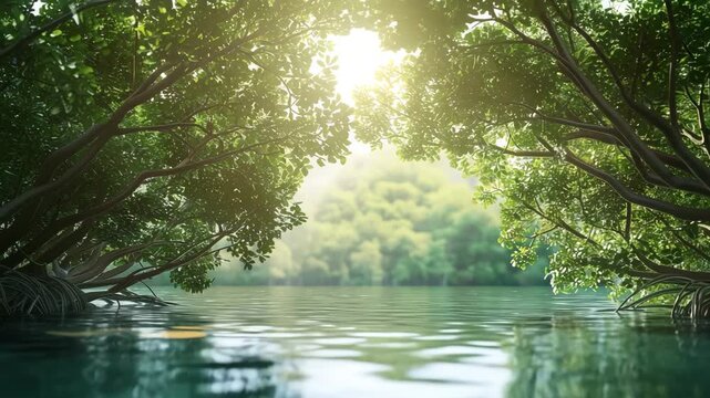 Ultra HD Lush green mangrove forest canopy arching over calm water with bright sun flare shining through the leaves, serene nature scene video