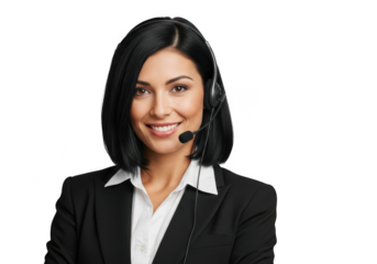 Smiling professional woman with headset and microphone wearing a suit jacket isolated on transparent background