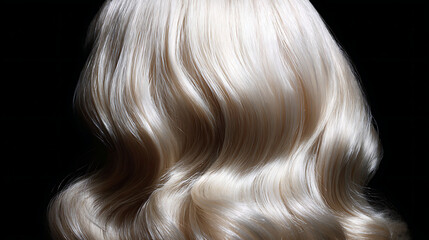 Stunning platinum blonde waves cascade beautifully against deep black background highlighting luxurious texture and shine