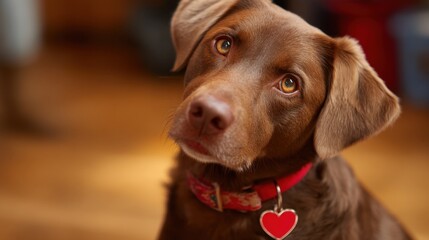 A brown dog with bright eyes sits in a cozy indoor space. The dog looks directly at the camera wearing a collar with a heart shaped tag. Sunlight fills the room.