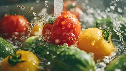 Bunch of vegetables are being washed in a sink. The vegetables include tomatoes, cucumbers, and peppers. The water is splashing all over the vegetables, making them wet and shiny