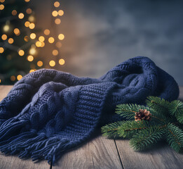 Blue knitted scarf with pine branches on wooden table and Christmas bokeh lights