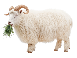 A Charming White Sheep Grazing on Fresh Grass, Showcasing Its Fluffy Coat and Unique Curly Horns , png, isolated on transparent background