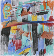 Creative hand-drawn abstraction &mdash; color pencil drawings with expressive lines, watercolor splatters and graphite spots for editorial illustration, book covers, mental-health visuals, conceptual poster