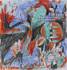 Abstract neo-expressionist drawing with mask-like faces, cold pastel background and dynamic red-orange lines. Hand-drawn psychological artwork with expressive tension and raw graphic energy.