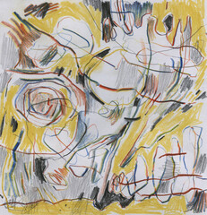 Expressive abstract drawing in sunny color tones, dynamic multicolored lines, warm yellow accents. Hand-drawn pencil artwork on textured paper &mdash; unique background for creative poster, banner design