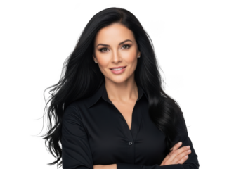 Professional woman with long dark hair smiling confidently with arms crossed isolated on transparent background
