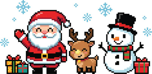 Pixel Art Santa, Reindeer & Snowman, Festive Holiday Trio Illustration