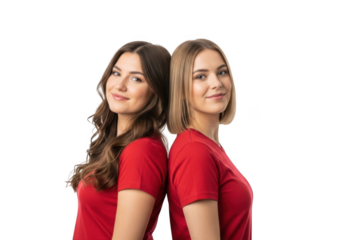 Two young women with long brown and short blonde hair wearing red shirts standing back to back smiling isolated on transparent background