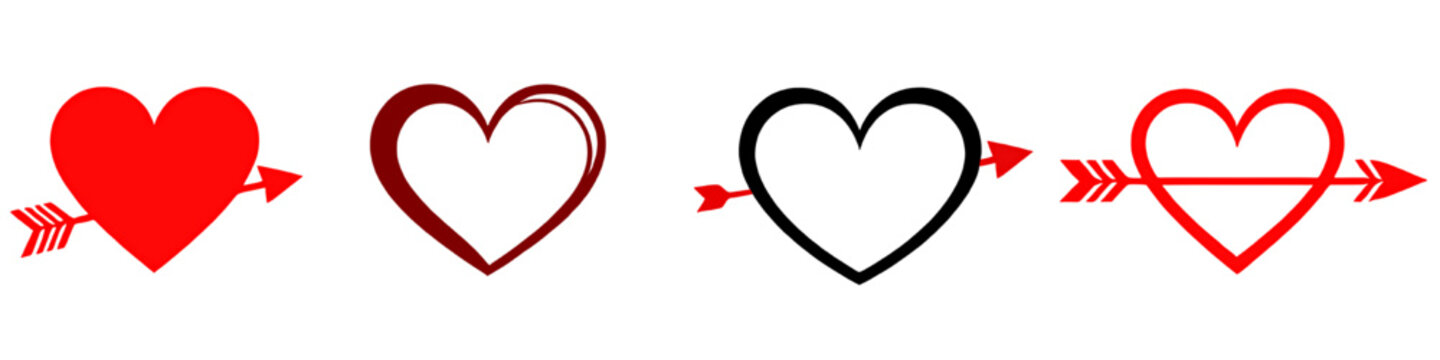 Heart arrow vector icons in mixed styles featuring red and black outline and solid heart shapes for love romance and Valentine themes