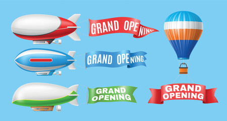 Retro airships with grand opening banners. Realistic hot air balloons and dirigible. Textile long ribbons. Flying aerostat in sky. Advertising 3d objects. Vector render isolated set © YummyBuum