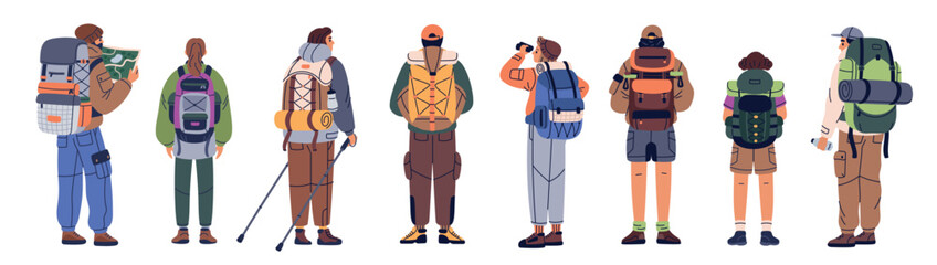 People with backpacks backs. Tourists look into distance, active travelers with equipment, backpackers characters, hiking bags, adventure journey trip person garish vector cartoon flat set