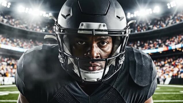 American Football Player in Black Jersey Staring Intensely at the Camera in a Dramatically Lit Packed Stadium