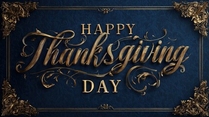 calligraphic bronze text happy thanksgiving day on dark blue background ornate gold frame festive celebration invitation free space