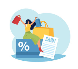 Discount and loyalty card. Happy regular shopper with advantage, woman on shopping, sale service, reward promotion advertising, cashback promo cartoon flat style isolated vector concept