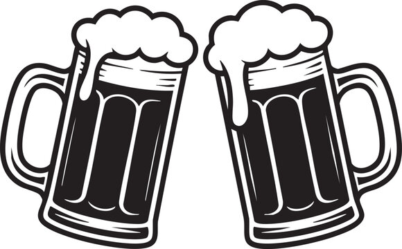 Stylized black and white line art beer mug silhouette isolated on transparent background