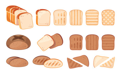 Cartoon toasts. Different types of sliced bakery products, rye, whole grain and wheat white flour, roast toasted cut breads pieces, traditional breakfast meal ingredient, classy vector set