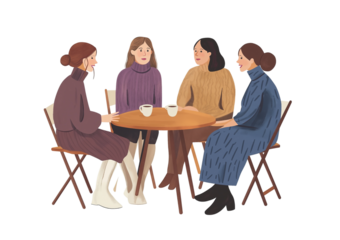 Four women wearing sweaters and dresses sitting around a round table with coffee cups isolated on a transparent background