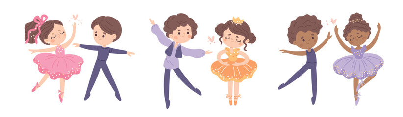 Cartoon dance kids couples. Young ballet dancers characters, cute boys and girls in stage costumes, classical choreographic poses, childish performance, garish vector isolated set