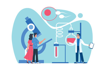 Artificial insemination. Tiny people with microscope and test tubes, gynecology doctor, In vitro fertilization, reproductive health diagnostic cartoon flat style isolated vector concept