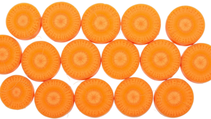 Closeup of sliced orange carrots with visible inner rings on colorful background vegetable