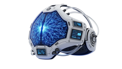 A futuristic blue and white space helmet isolated on transparent background